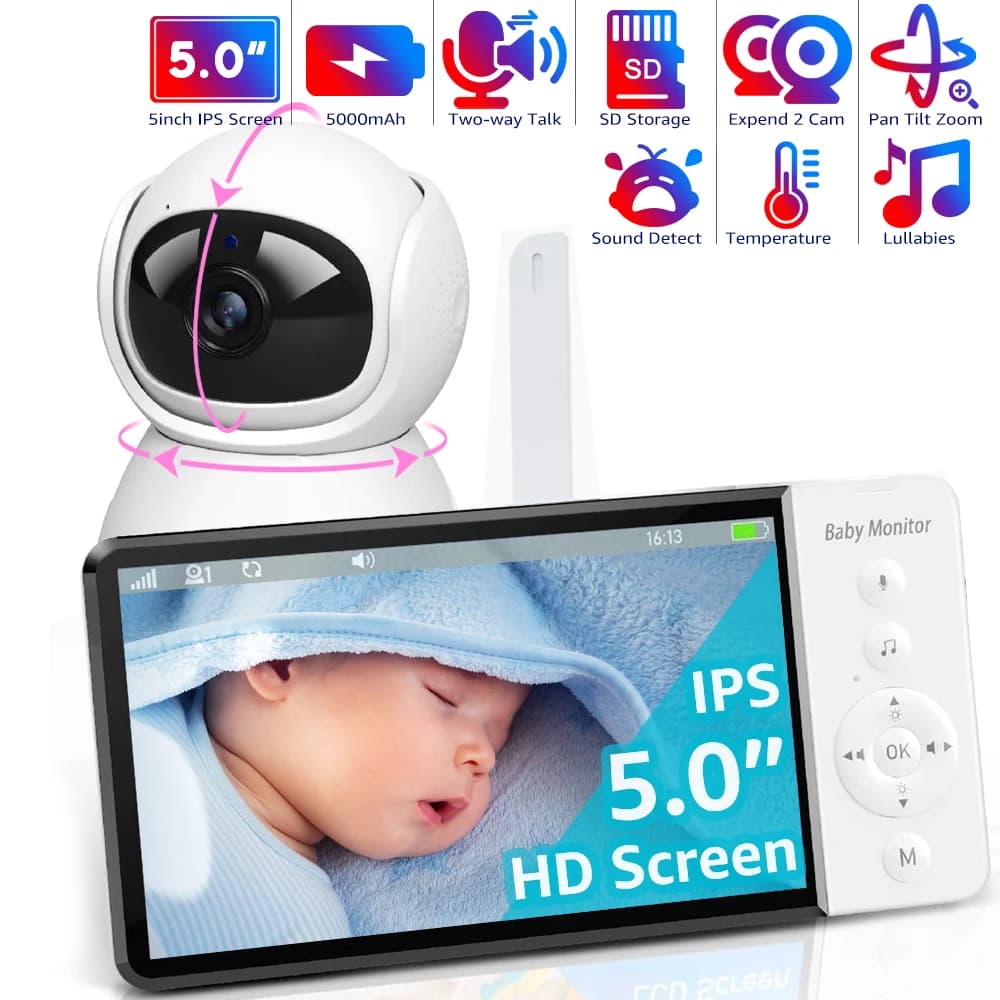 Pantalla IPS de 5 pulgadas Pan-Tilt-Zoom Cámara Video Monitor de bebé con batería de 30 horas Habla de 2 vías Visión nocturna Temperatura 8