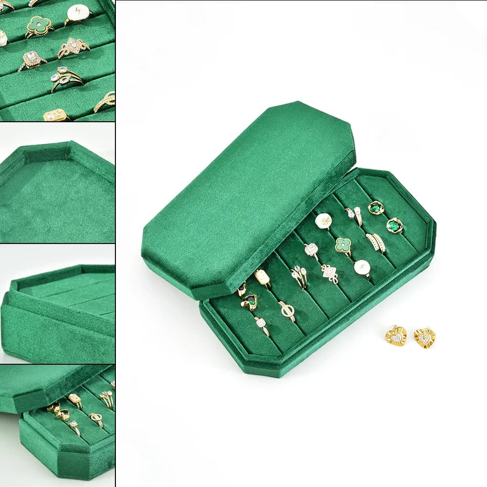 Soporte de anillos de terciopelo con tapa, contenedor de almacenamiento de joyas, soporte para anillos, caja de anillos, bandeja de joyería con