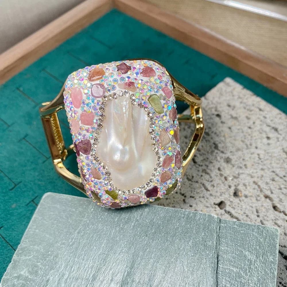 Brazalete abierto de perlas de agua dulce barrocas crudas para mujer, brazalete de cristal de turmalina Natural, joyería de moda con diamantes de