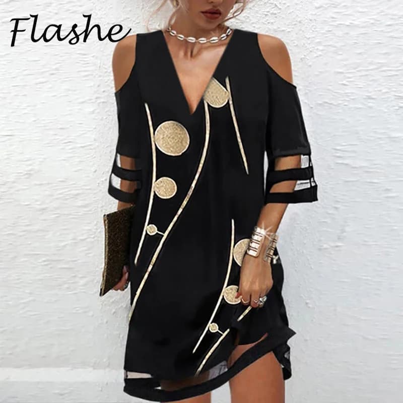Vestido corto informal de verano para mujer, minivestido holgado de manga corta con cuello en V, malla de encaje, retazos, estampado Floral, S-4XL