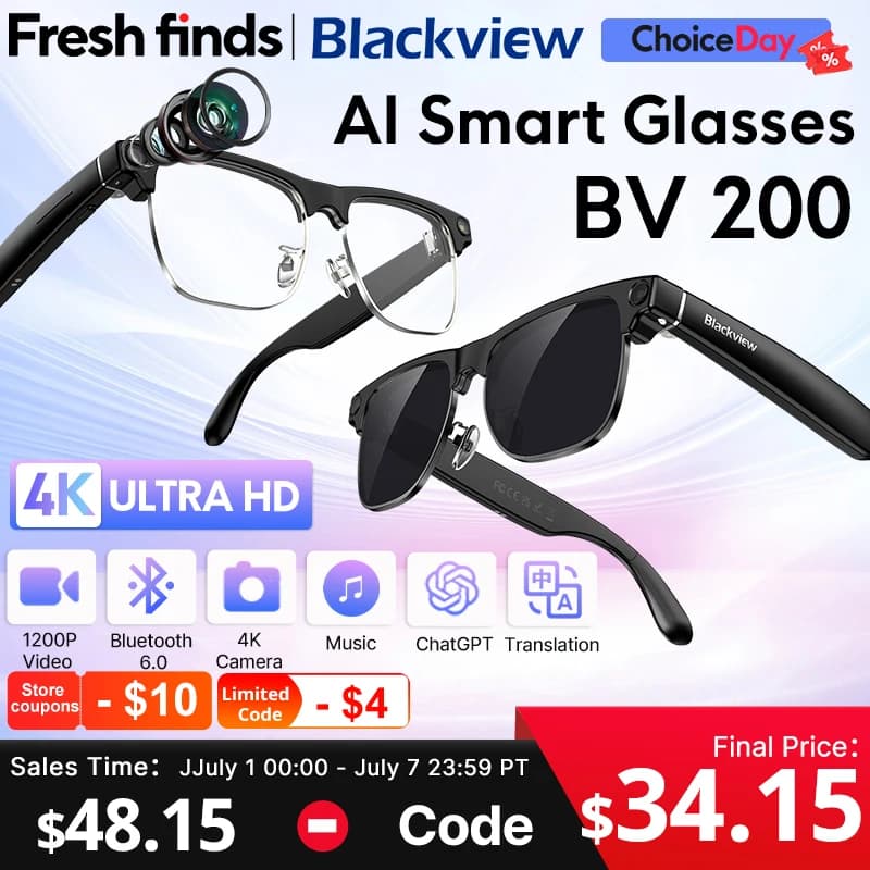 【Estreno mundial】Gafas inteligentes Blackview BV200 con cámara 8MP 4K HD, llamadas Bluetooth, asistente de voz y traducción por IA