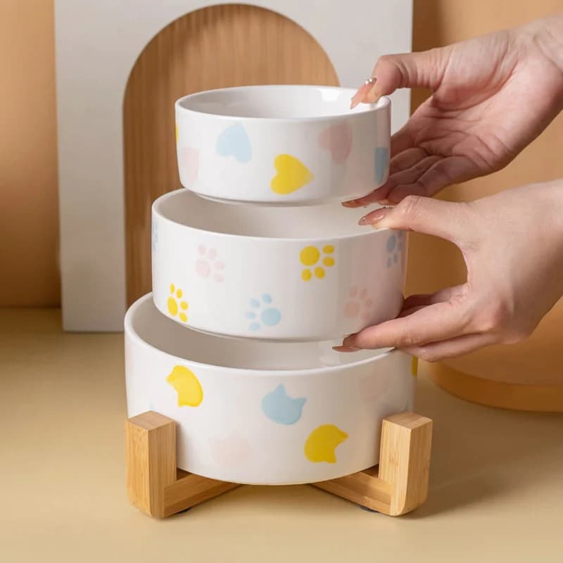 Cuenco de cerámica para perros con estera de madera, cuencos de alimentación de boca ancha, alimentador de comida y agua para mascotas, para gato,