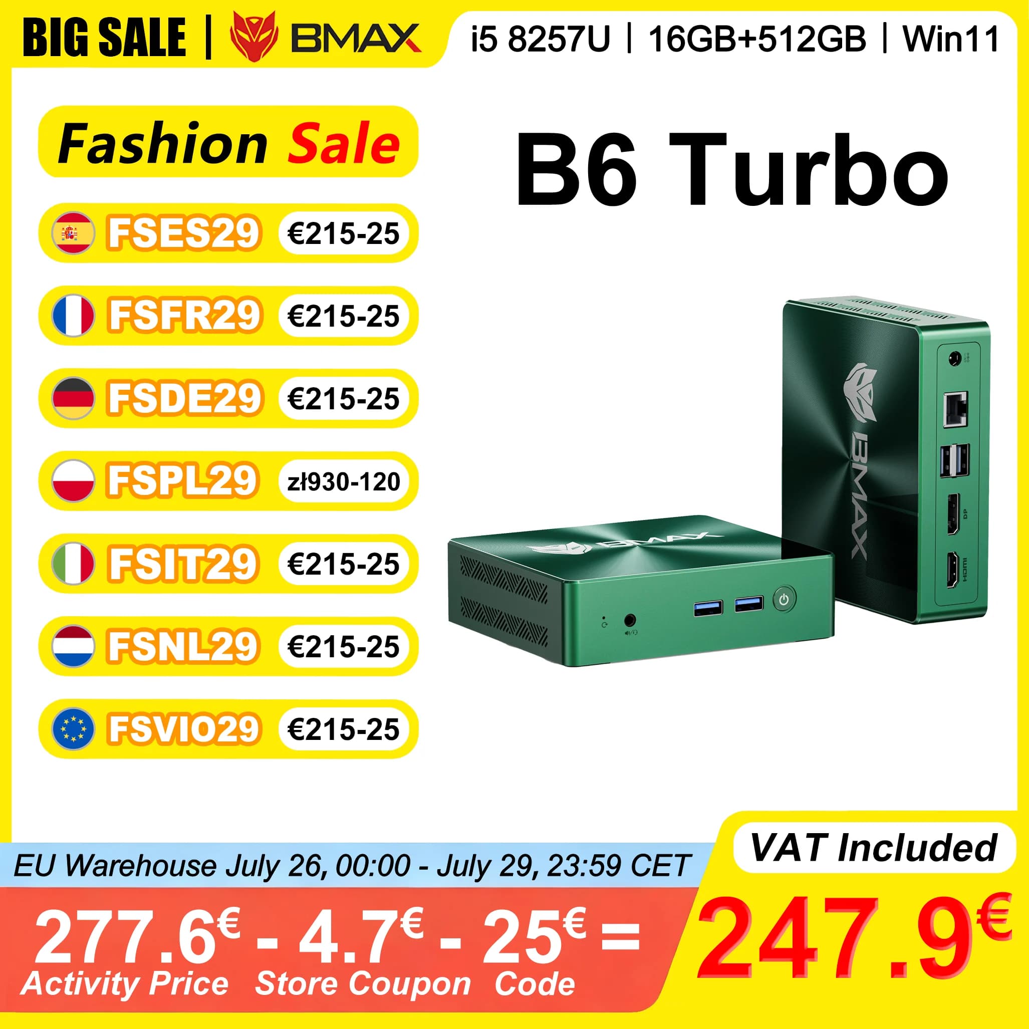 Mini PC BMAX B6 Turbo, 16 GB de RAM, 512 GB de ROM, Intel i5-8257U, Windows 11, Wi-Fi 6, Gráficos Intel Iris Plus 645, HDMI, DP, USB
