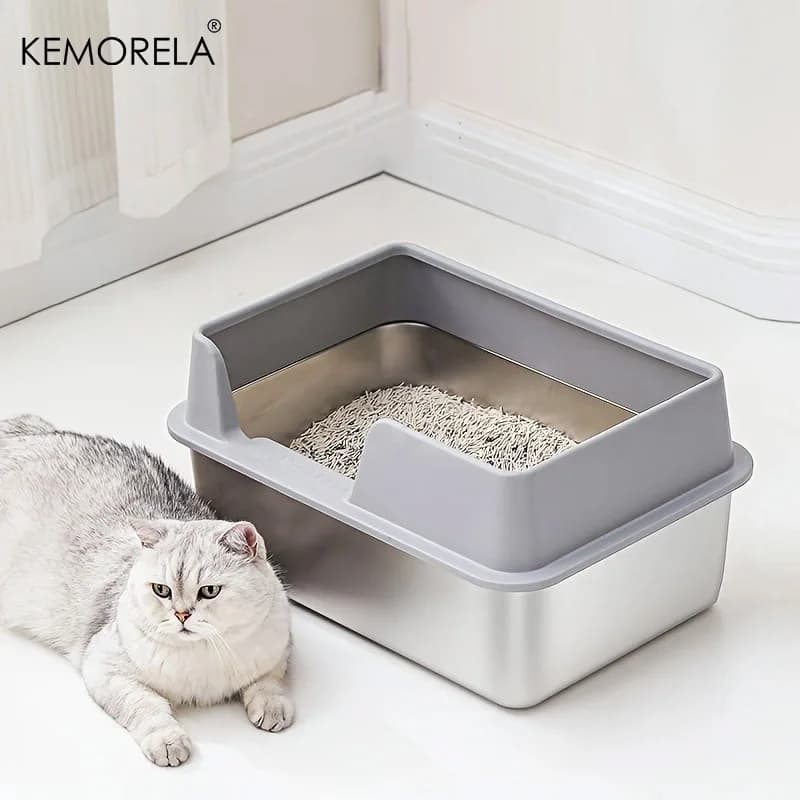 Caja de arena para gatos extra grande de acero inoxidable con recinto de pared alta, antiadherente, a prueba de fugas, fácil de limpiar, incluye tapa