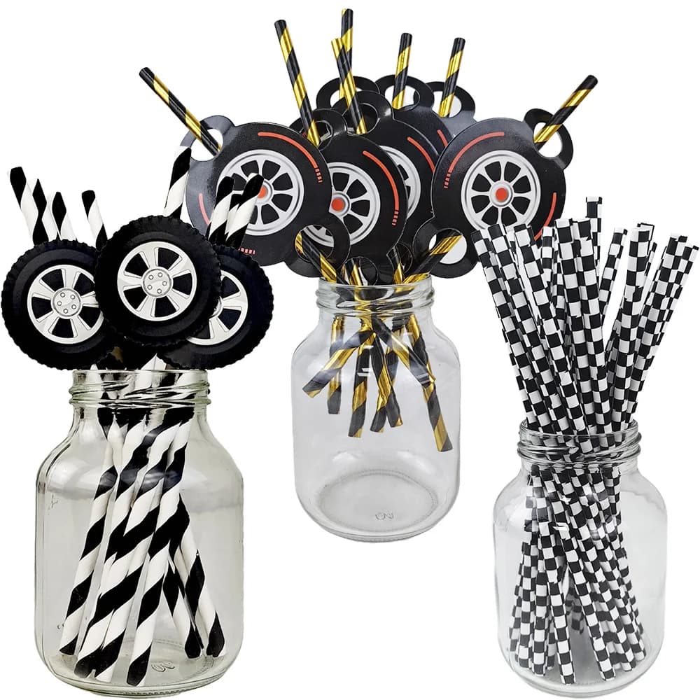 Pajitas de papel para fiesta de coche de carreras, neumáticos desechables de papel a rayas negras, pajitas para beber, suministros de cumpleaños