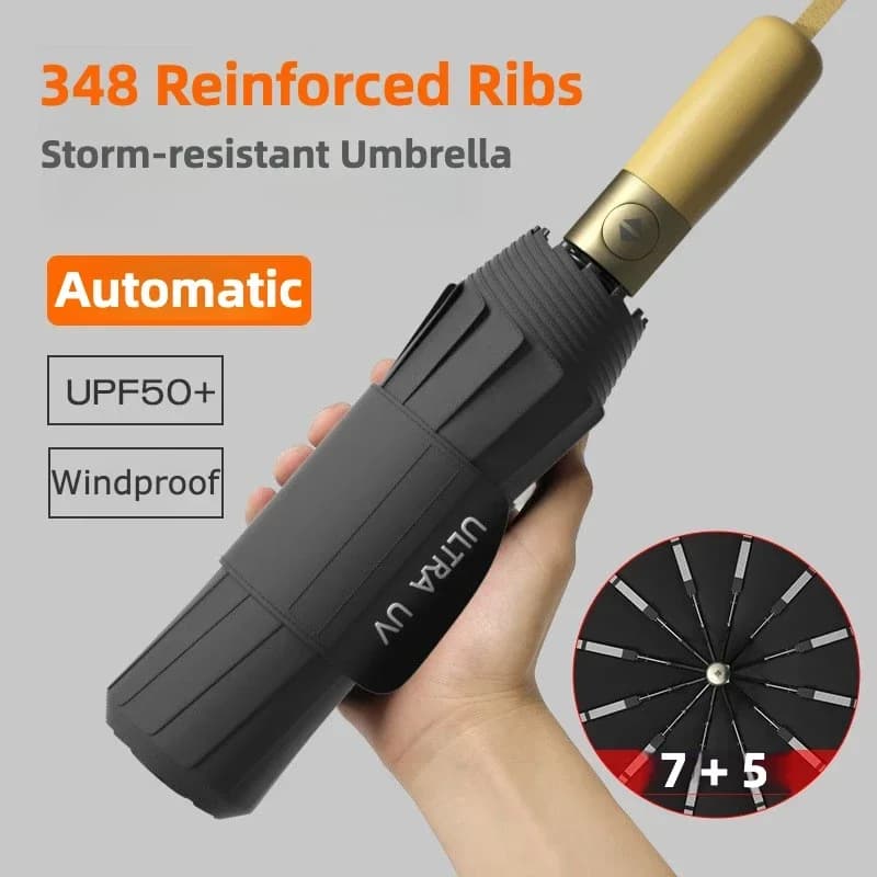 Paraguas automático plegable a prueba de viento a prueba de tormentas, 348 costillas reforzadas, paraguas de lluvia con protección solar UV UPF 50+