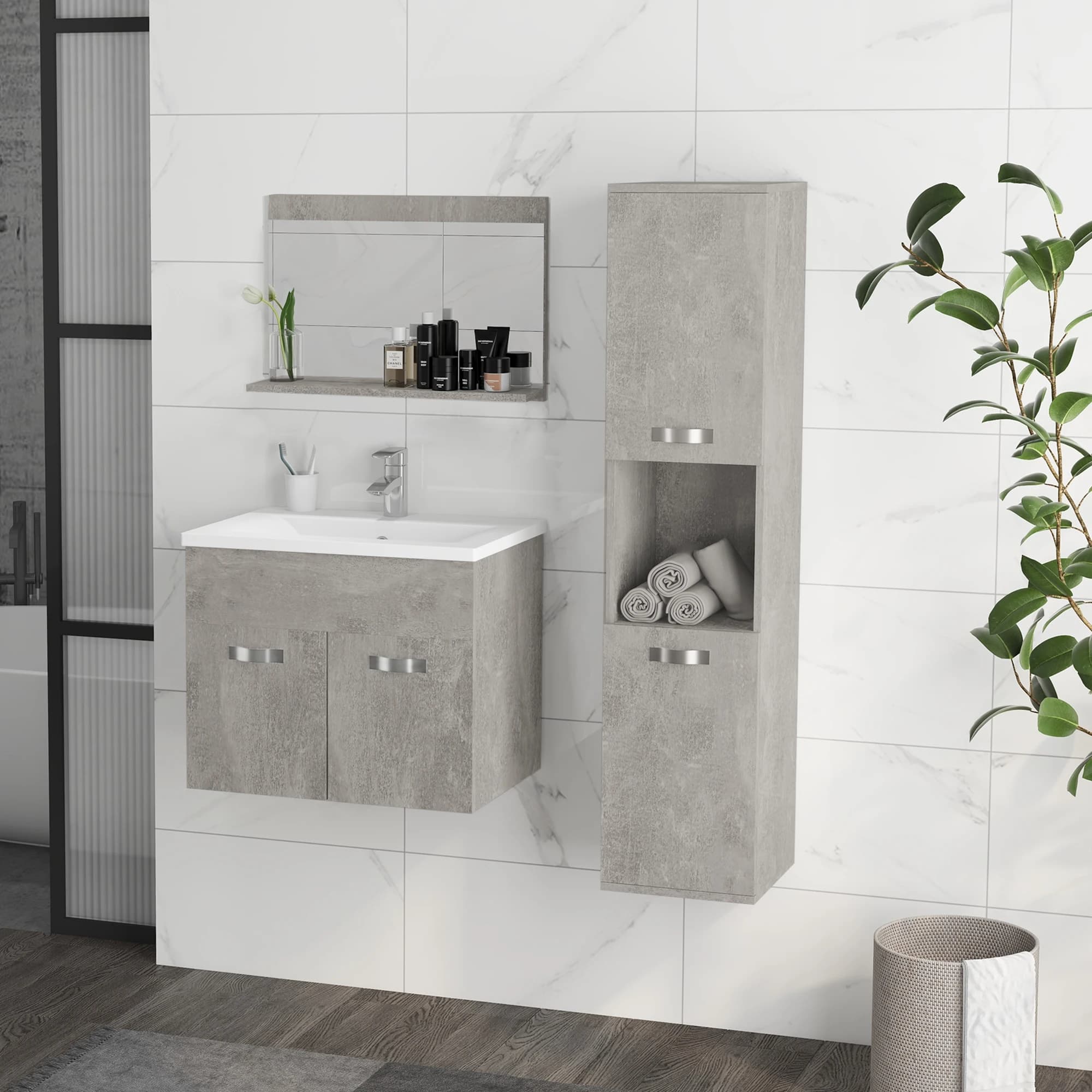 kleankin Conjunto Muebles de Baño de Pared Espejo Armario con Lavabo y Columna