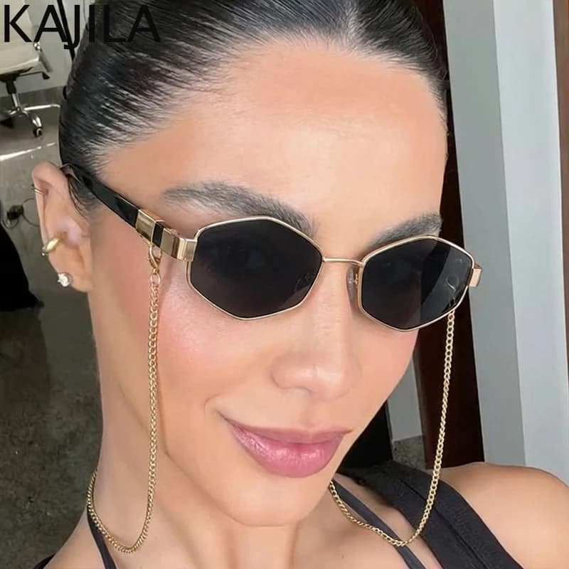 Gafas de Sol Hexagonales con Cadena para Mujer, Diseño Sexy y Elegante, Marca de Lujo 2026, Estilo Punk