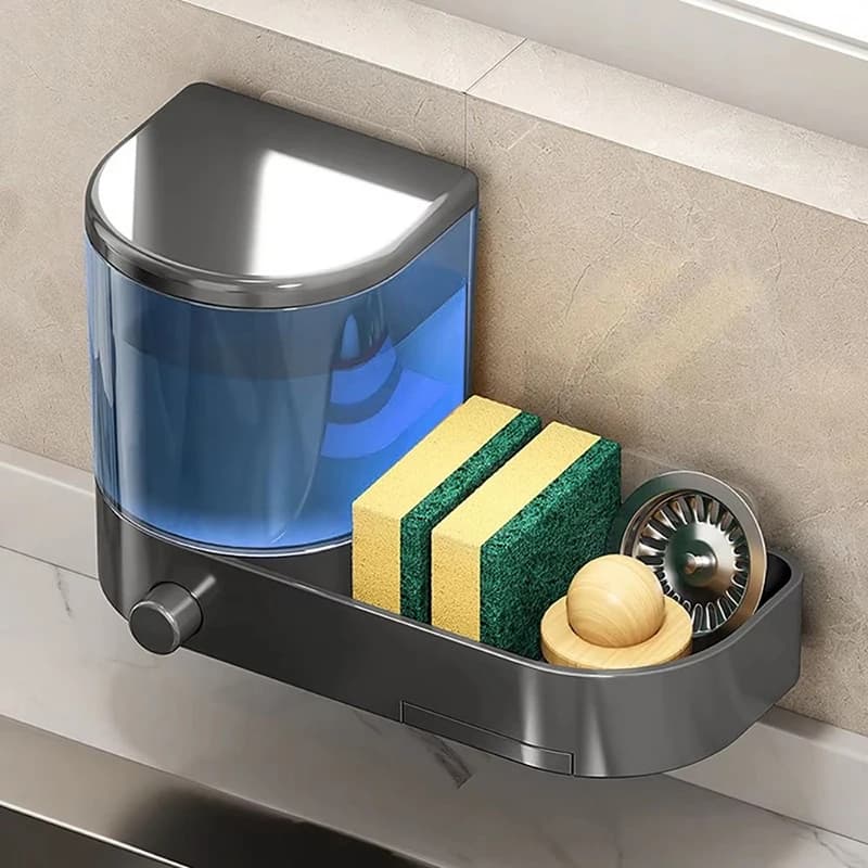 Dispensador de jabón montado en la pared con soporte para esponja, bandeja de drenaje, prensa manual, contenedor de líquidos para lavar platos,