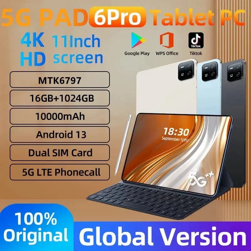 Tableta Pad 6 Pro Original versión Global, Tablet de 11 pulgadas, HD, 4K, Android 13, 16GB + 1T, 2024 mAh, 5G, SIM Dual, GPS, Bluetooth, WiFi,
