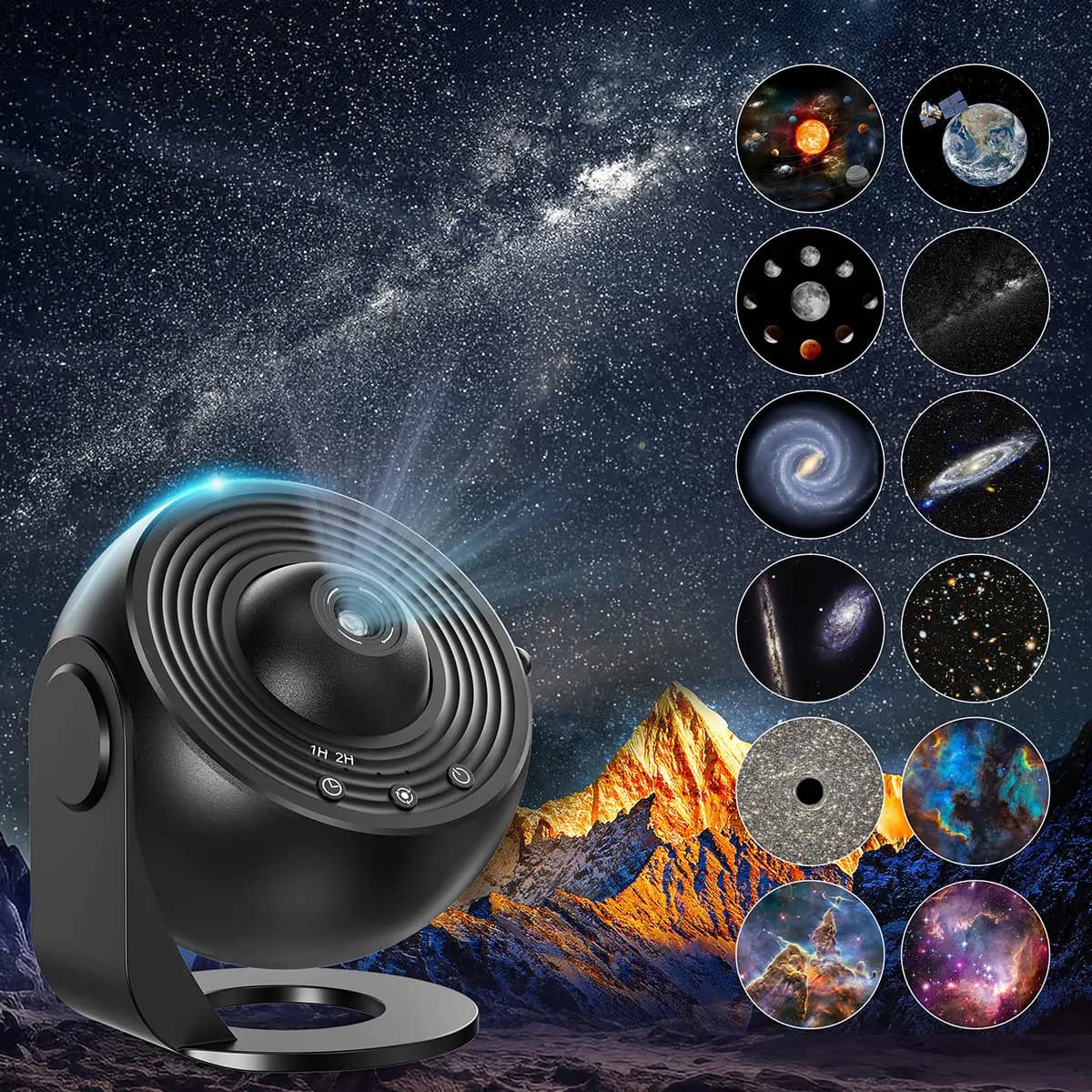 Proyector Galaxy Ultral Star 13 en 1, área de imagen HD, luz nocturna LED, 13 discos de película, 360 °   Temporizador giratorio de 1/2h para