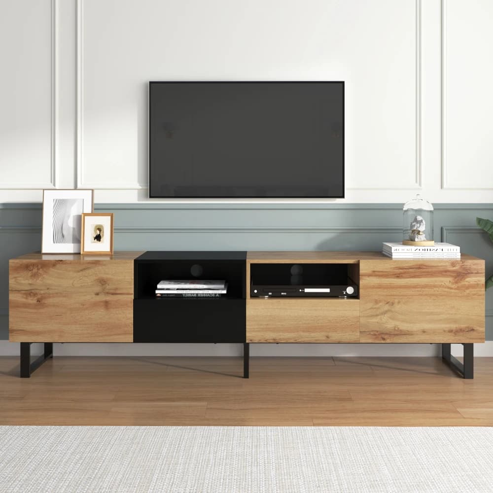 Mueble de TV Moderno Negro y Madera - Mueble de Almacenamiento de 2 Puertas con Centro Abierto para Equipos de Audio y Video, Consola Multimedia ​