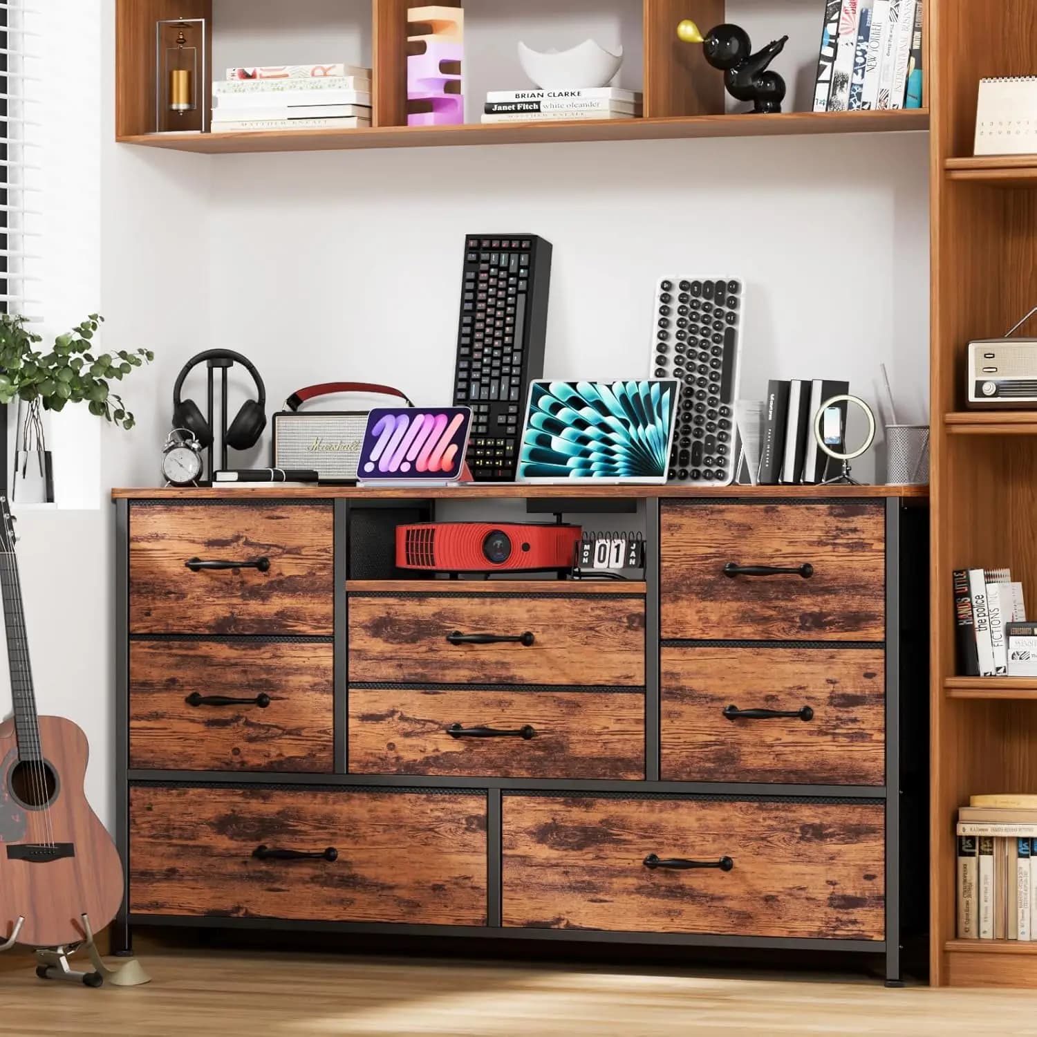 Tocador con soporte para TV de 55 pulgadas con 8 cajones, mesitas de noche de 45,3 pulgadas de alto con puertos USB en dormitorio, oficina, estantes