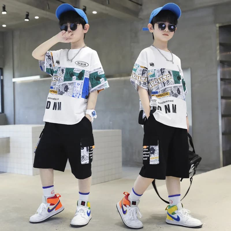 Camiseta de algodón con estampado de la imagen del alfabeto para niños, Tops y pantalones cortos, chándal de 2 piezas para niños, conjunto de