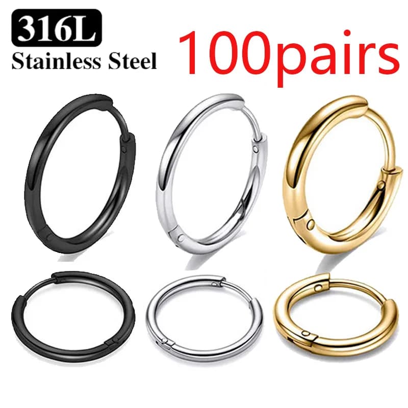 3/50/100 pares de pendientes de aro pequeños de acero inoxidable para mujeres y hombres, Color dorado, círculo negro, orejera gruesa, pendientes