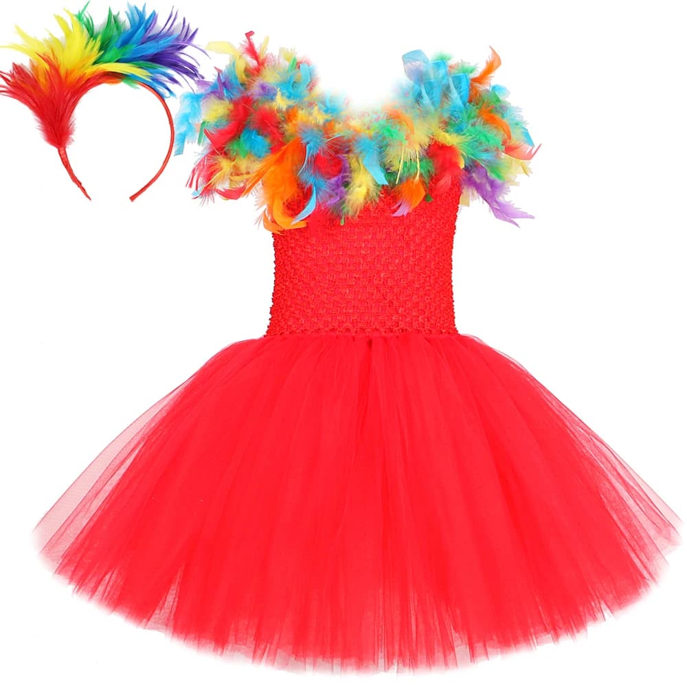 Vestidos de loro de plumas de arcoíris para niñas, disfraces de Halloween de pájaros para niños pequeños, trajes de fiesta de cumpleaños,