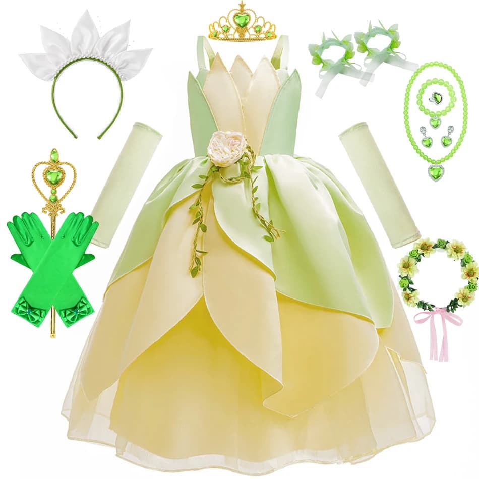 Vestido de Tiana para niñas, fiesta de cumpleaños, vestidos de baile de Halloween, disfraz de noche de cumpleaños, disfraz en capas, ropa de hadas