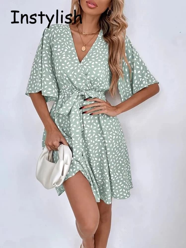 Vestido corto informal con estampado de lunares y cinturón, minivestido elegante de media manga con cuello de pico, corte en A, Estilo Vintage