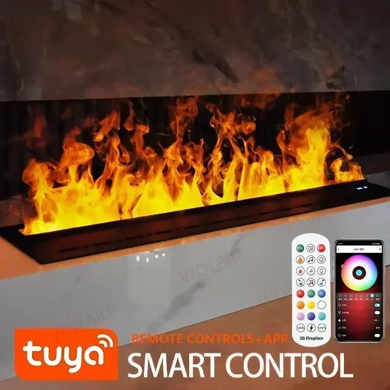 Chimenea eléctrica 3D con efecto de vapor para sala de estar, llama simulada inteligente, atomización, control por aplicación, soporte para TV,