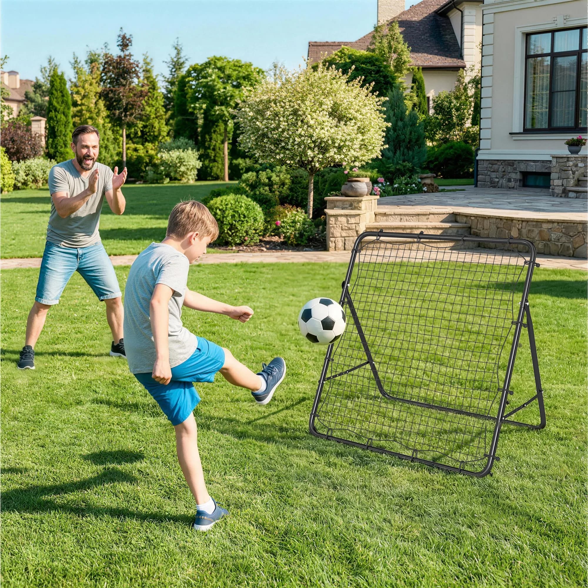 SPORTNOW Red de Rebote Plegable, Reboteador de Fútbol Ángulo Ajustable de 5 Niveles, con Tubo de Acero, Fácil de Instalar, para Entrenamiento de