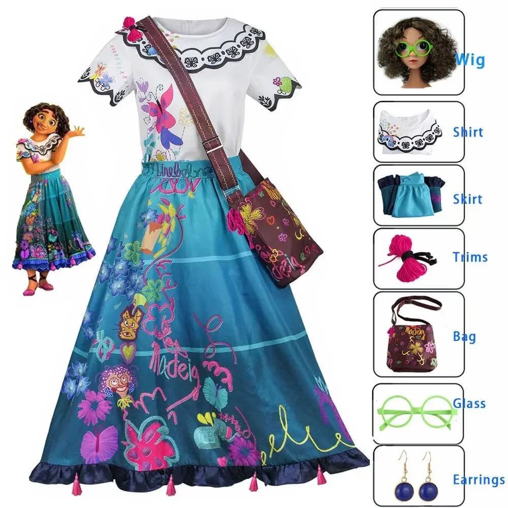 Iin Stock Encanto disfraz de Cosplay princesa flor Mirabel vestido peluca bolsa gafas conjuntos ropa de fiesta de Halloween para mujeres
