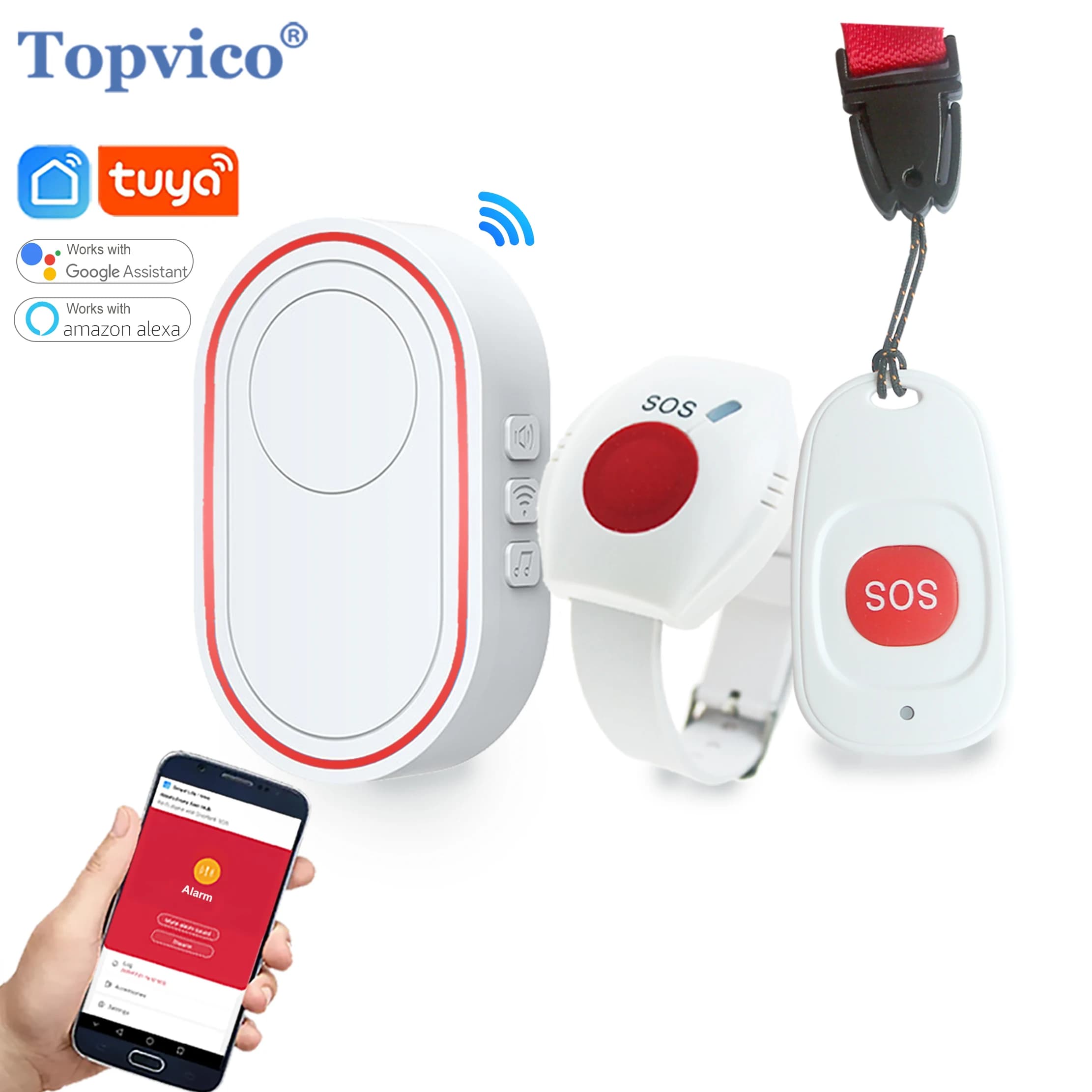 Botón de Pánico de Emergencia Topvico Tuya WIFI para Personas Mayores, Alarma SOS, Pulsera Inalámbrica, Reloj Localizador para Cuidadores, Alerta