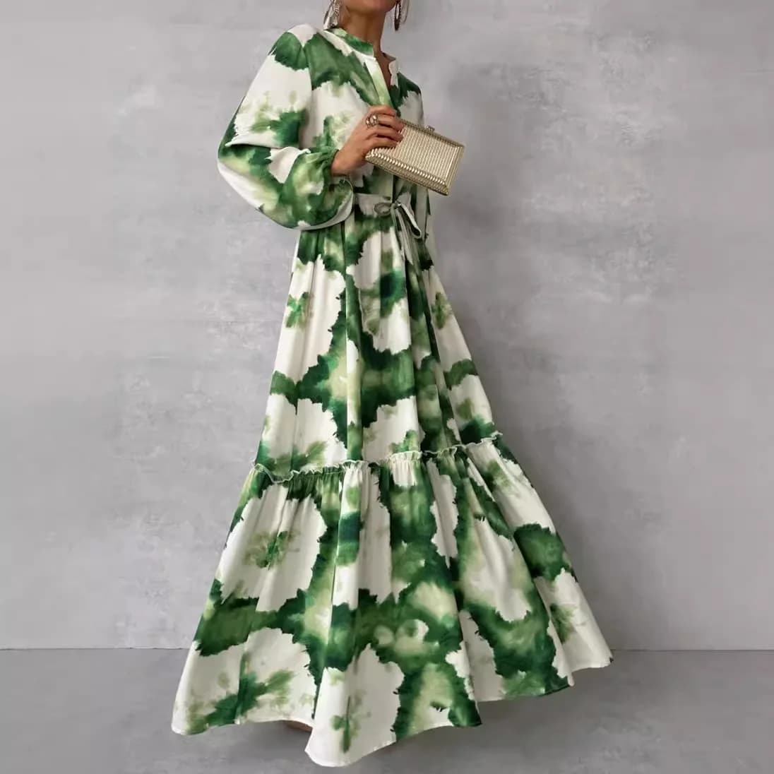 2024 verano elegante mujeres Maxi vestidos moda estampado verde manga larga cuello en V ajuste de cintura Vestido largo Mujer Vestido de fiesta