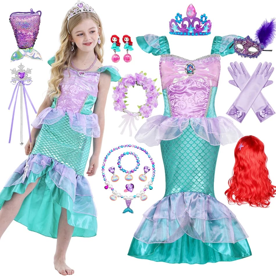 Disfraz de princesa sirena para niña, vestido de sirena con lentejuelas brillantes, fiesta de Ariel, Carnaval, regalo de cumpleaños, 2-10T