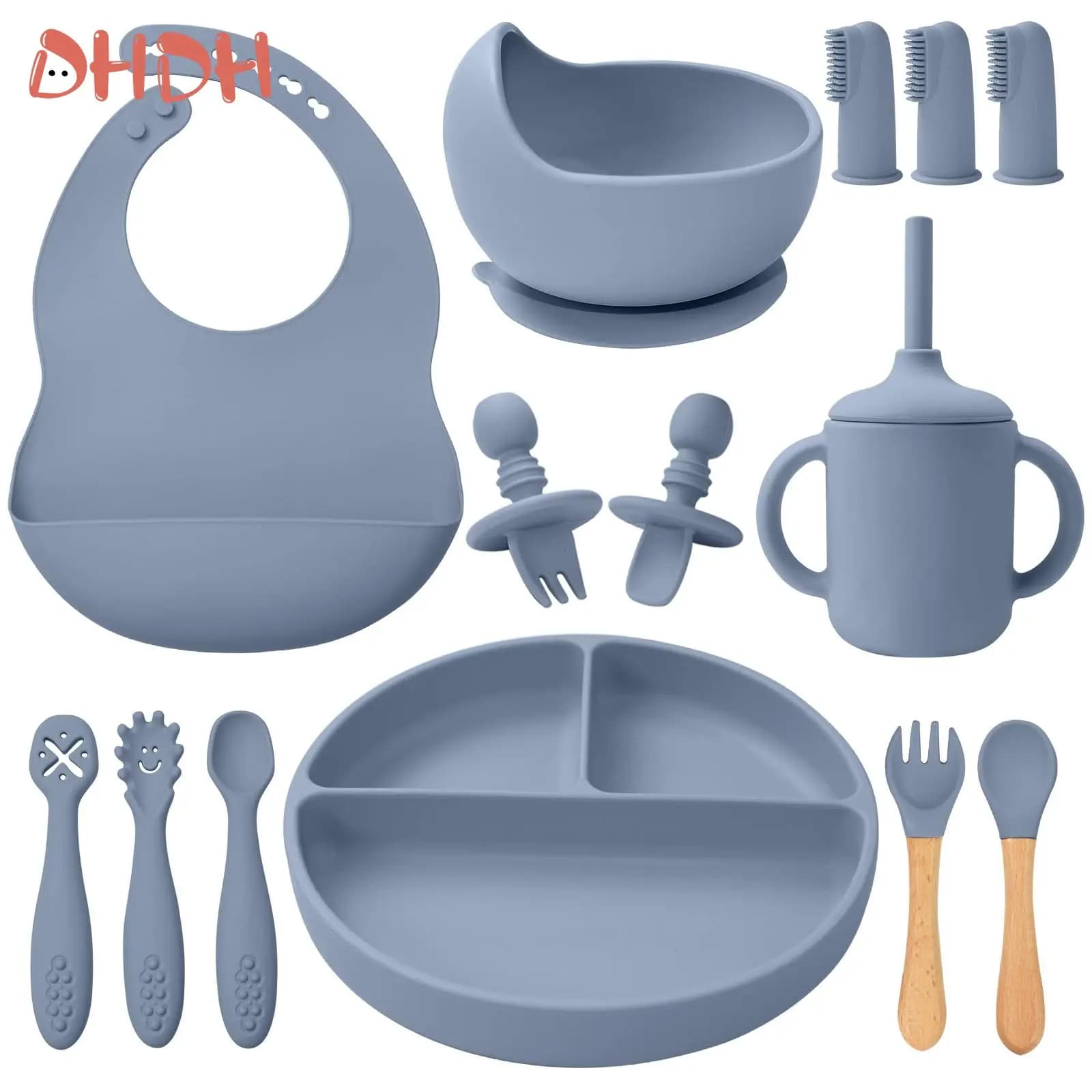 Juego de alimentación de bebé de silicona, vajilla, plato de comida para bebé, tenedor, cuchara, tazón de succión, plato dividido, babero, taza,