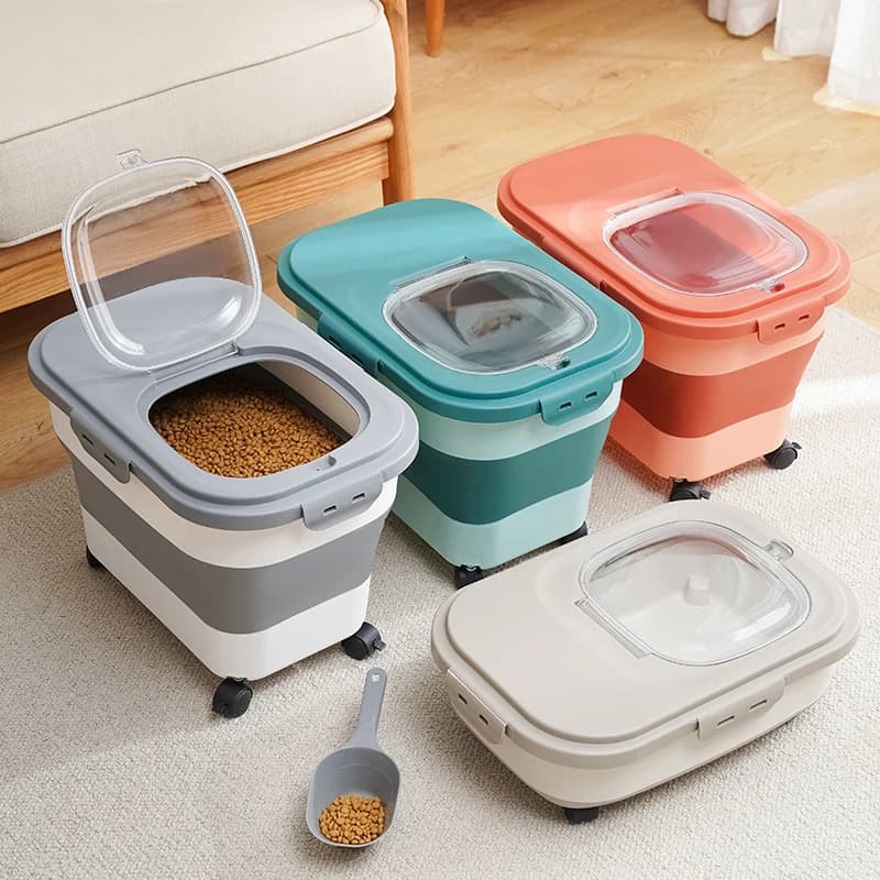 Contenedor plegable de almacenamiento de alimentos para perros y gatos, caja de comida seca para gatos con tapas, sellado hermético, cajas de