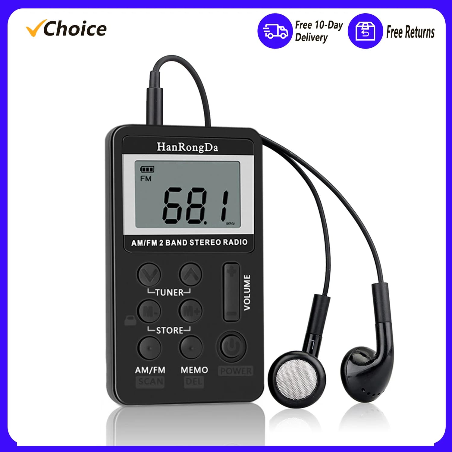 HanRongDa-Radio Digital HRD-103 AM FM, receptor estéreo de 2 bandas con auriculares, pantalla LCD, batería recargable, Radio de bolsillo portátil