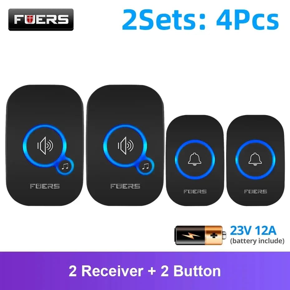 Fuers-timbre inalámbrico con 4 niveles de volumen, timbre de bienvenida para puerta, LED intermitente, 2 receptores y 2 botones, rango de 1000 pies,