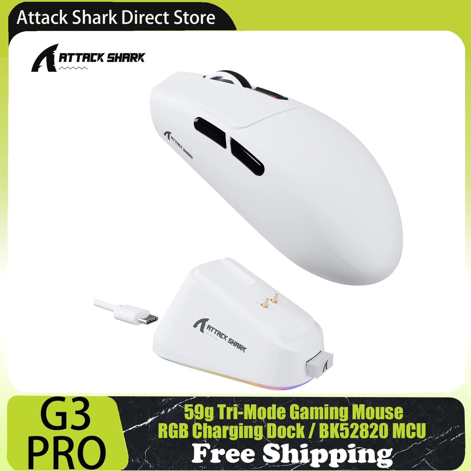 Ratón inalámbrico para juegos ATTACK SHARK G3PRO con base de carga magnética RGB, modo triple, ultraligero de 59 g, sensor PAW3311, 25000 DPI