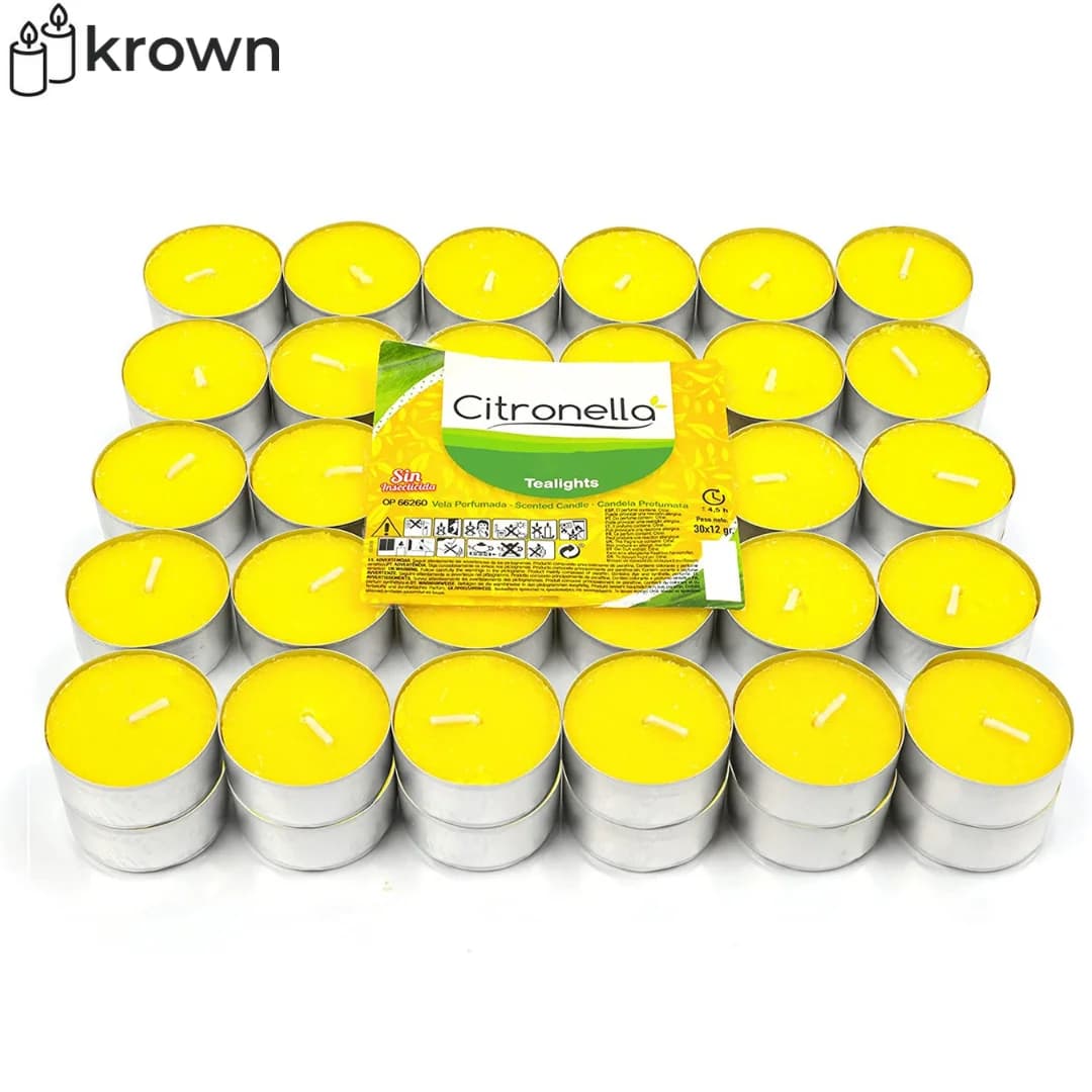 KROWN - Velas de Té Citronela Tealight Citronela Perfumada Antimosquitos Velas Citronela - Pack 60 Velas 100 Velas, 4,5 Horas de Combustión