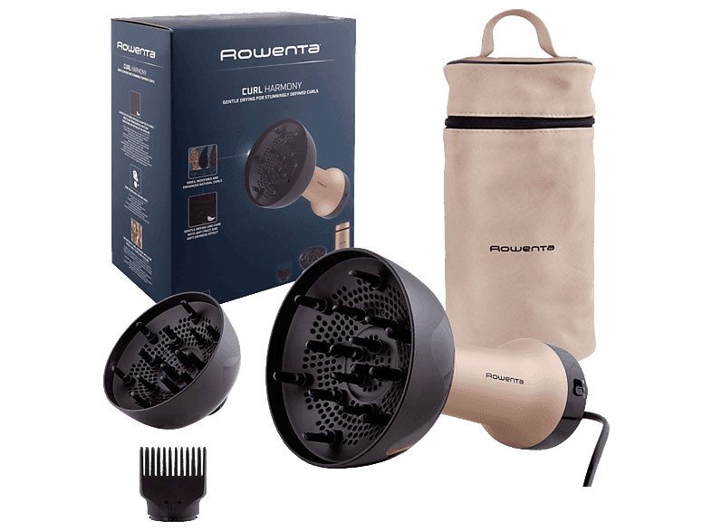 Secador - Rowenta Curl Harmony, Difusor de aire caliente, 3 en 1, 2 velocidades/temperaturas, 700W, Diseño ergonómico, accesorios, Neceser, Dorado