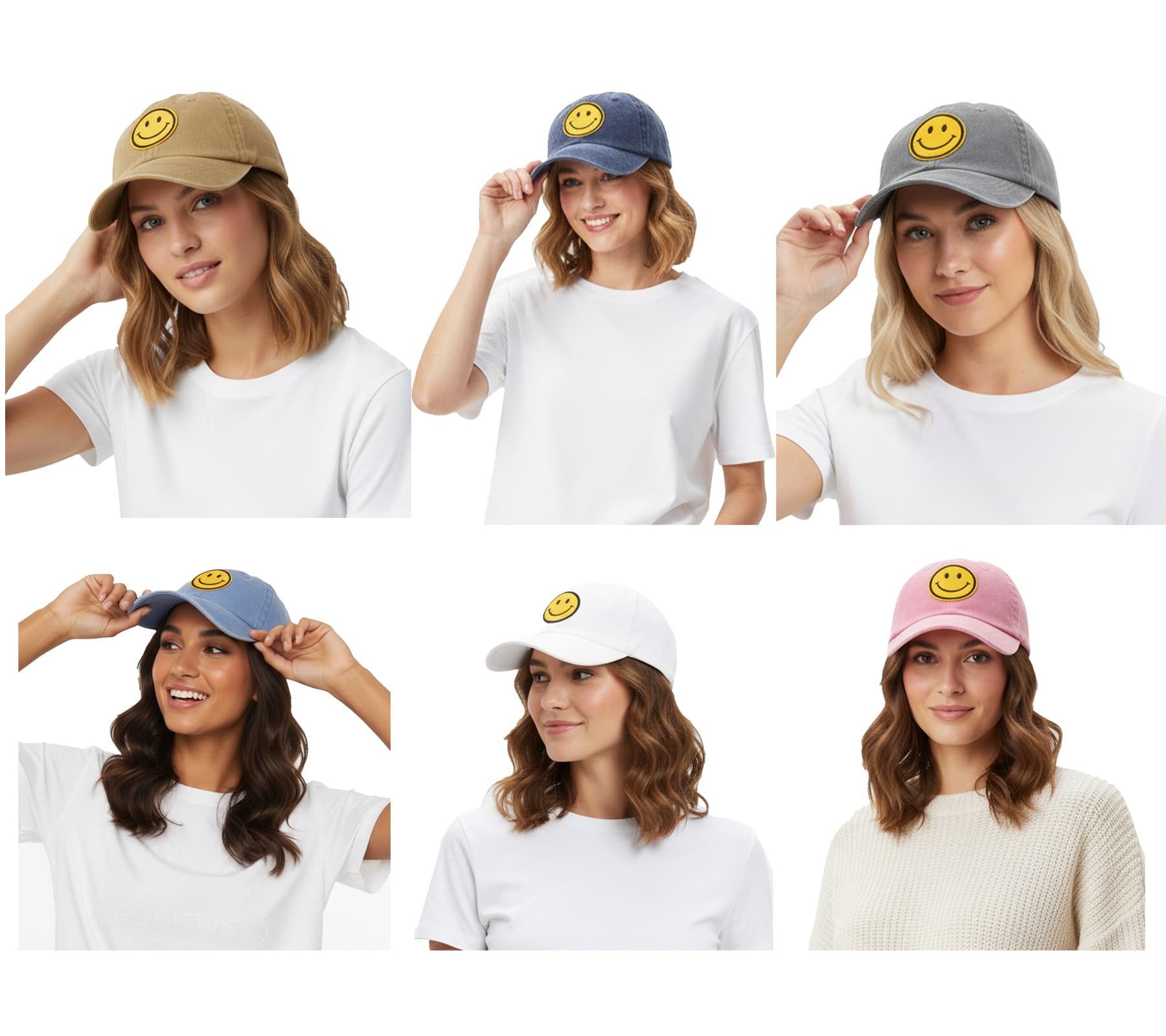 Gorra de béisbol clásica ZWILLINGSHERZ con parche de carita sonriente, de algodón, con visera ajustable (modelo 4603M K258209) en caqui, azul