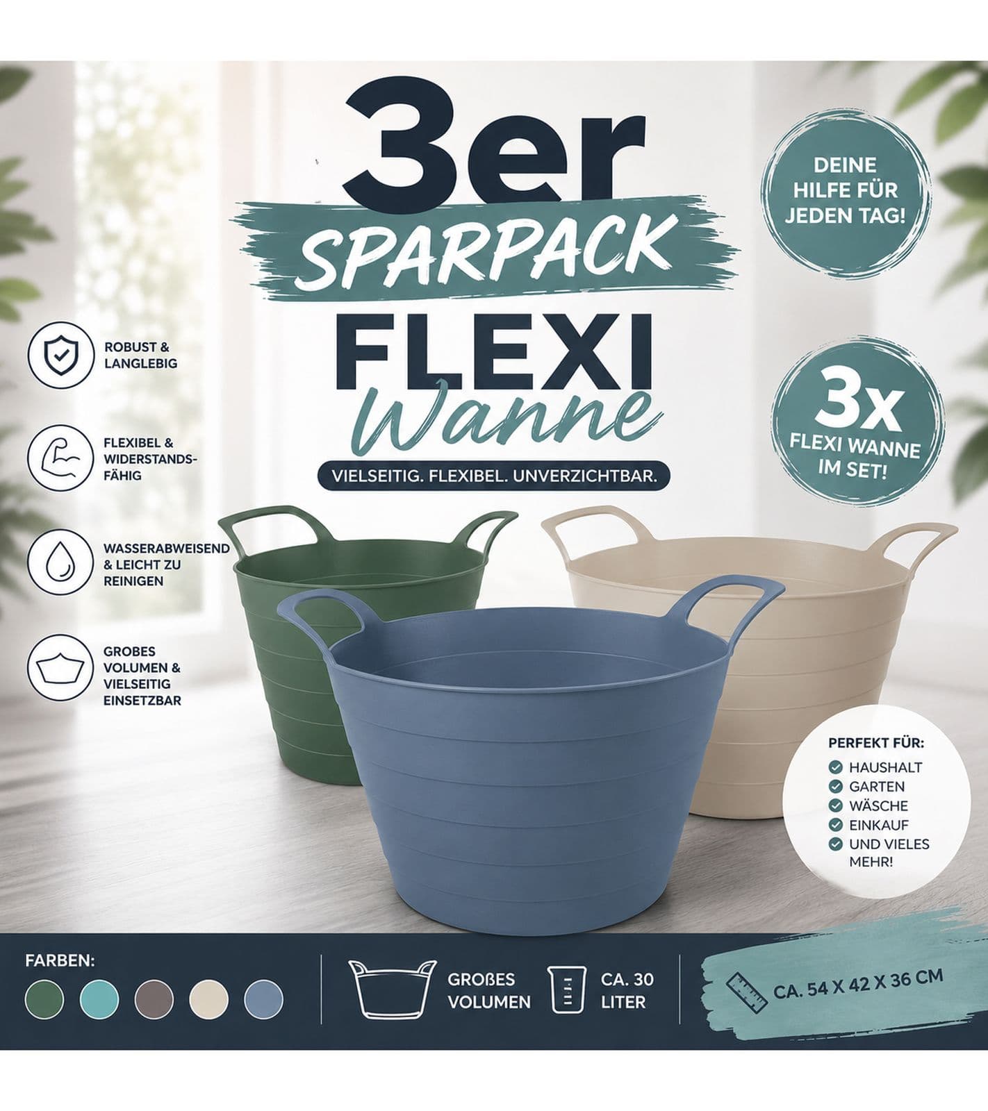Pack económico de 3 unidades: prácticos capazos flexibles de 30 litros con asas ergonómicas – Recipiente multiusos, cesta para la ropa y cesta de
