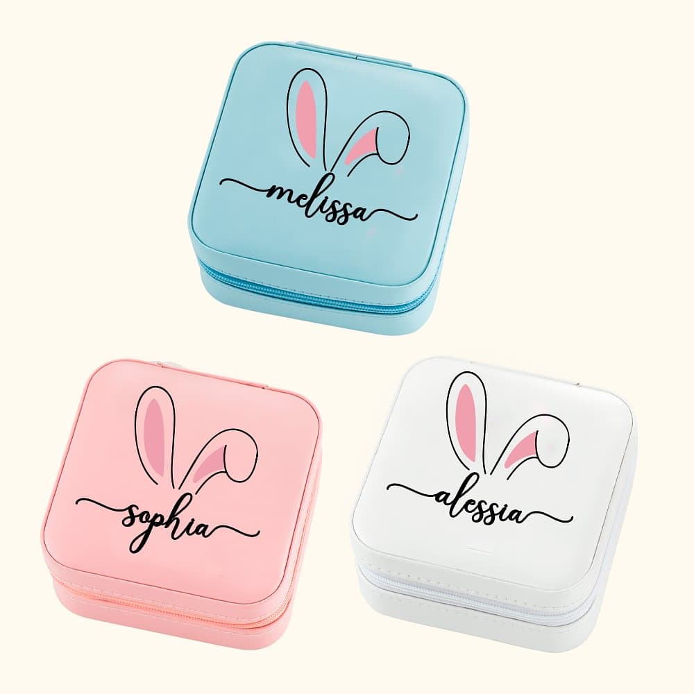 Personalizado lindo conejo Orejas Patrón Caja de joyería de cuero con nombre a prueba de agua portátil de cumpleaños de Pascua de regalo para las