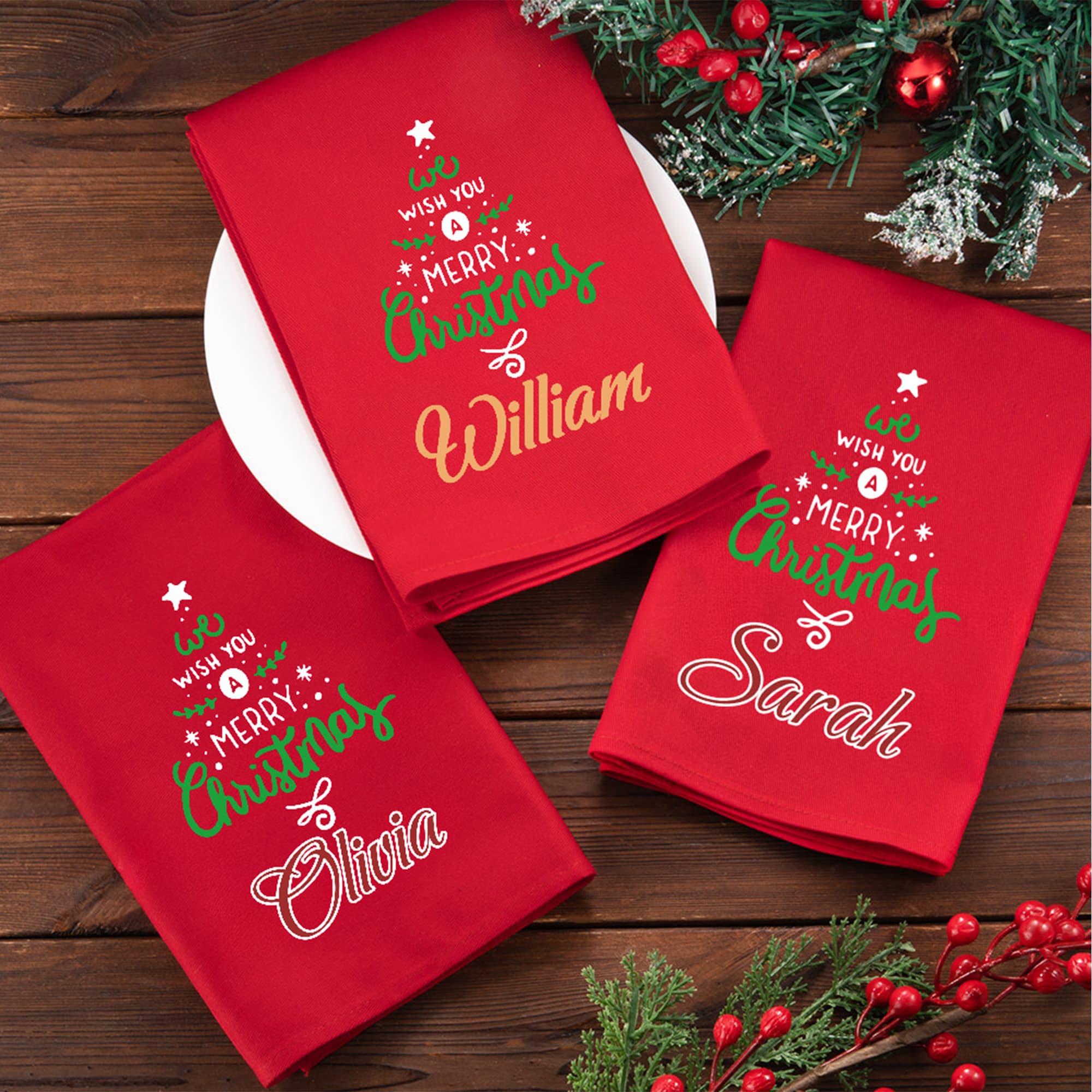 Personalizada Feliz Navidad Diseño del árbol 100% algodón rojo Servilleta con nombre Fiesta Decoración del hogar Navidad Regalo para amigos de la