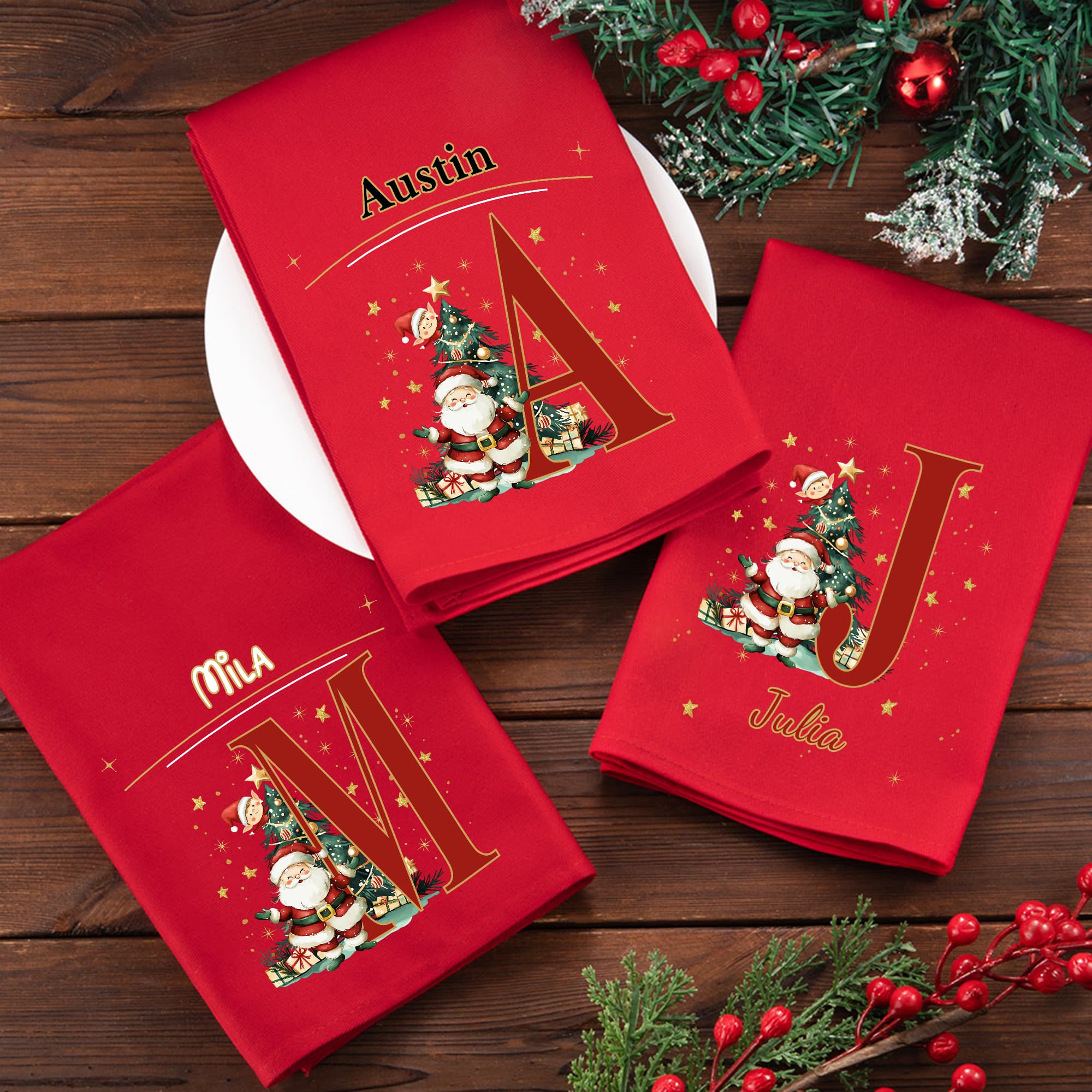 Personalizada de dibujos animados Santa Claus Árbol de Navidad Inicial 100% algodón servilleta reutilizable con el nombre de vacaciones de