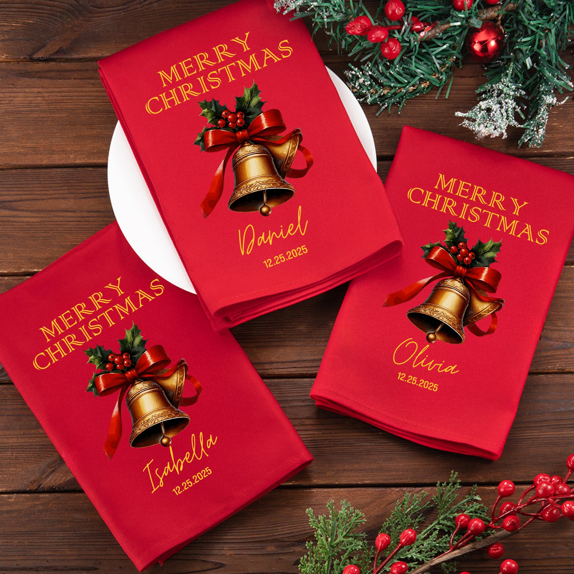 Personalizada Feliz Navidad Campana 100% Algodón Servilleta Roja de Navidad con Nombre y Fecha Decoración de Mesa Regalo de Navidad para Familia