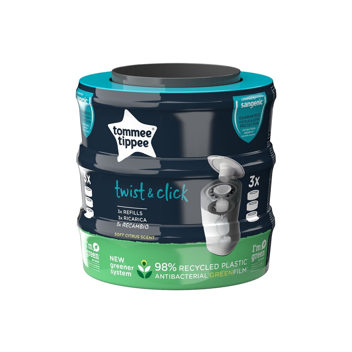 Tommee Tippee - Pack de 3 Unidades de Recambios Tommee Tippee Sangenic Twist &amp; Click para Contenedor de Pañales gris.