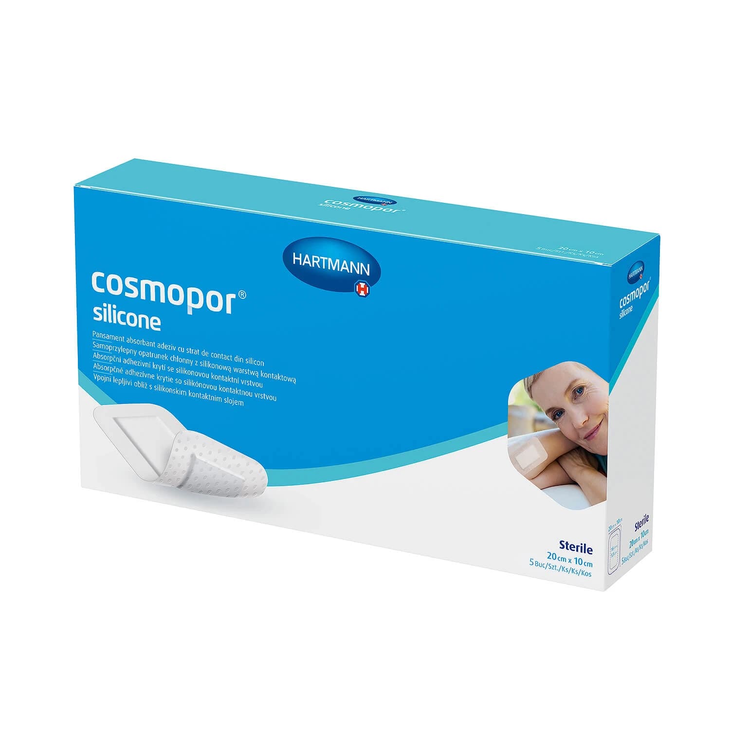 Cosmopor Silicona, apósito absorbente, autoadhesivo, estéril, con capa de contacto de silicona, 20 cm x 10 cm, 5 uds