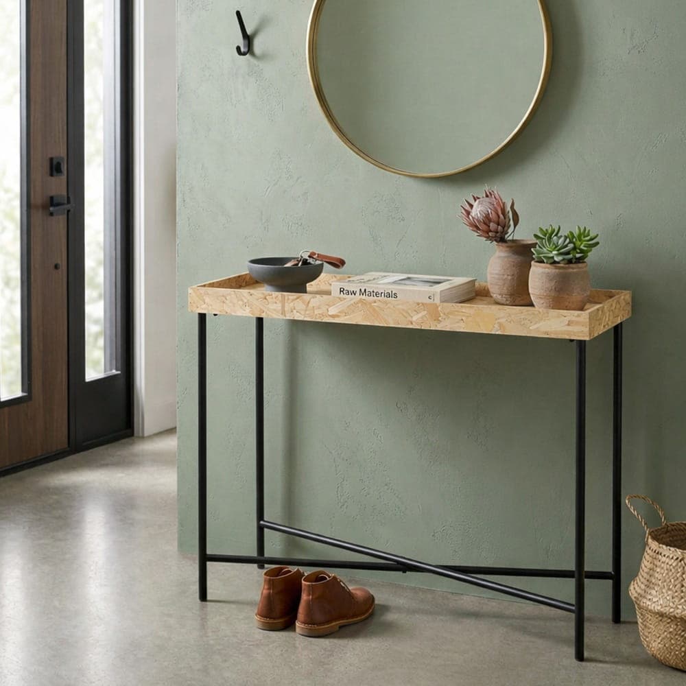 Consola de entrada estilo industrial - madera OSB y metal negro - 98 x 32 x 80,5 cm - Kronos