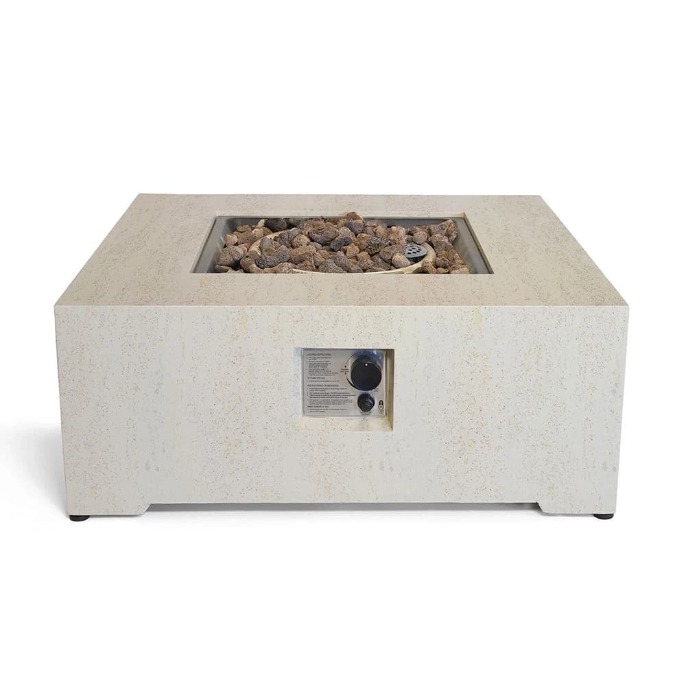 Mesa de Fuego de Gas Travertino Cuadrada de 88 cm por Happy Cocooning – Mesa de Exterior con Apariencia de Piedra Compuesta de 16.5 kW